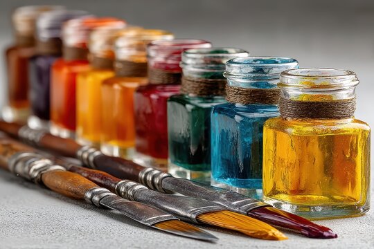 Assorted acrylic paints in small jars with artist paint brushes