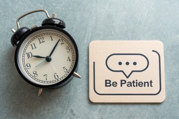 Black alarm clock next to Be Patient speech bubble