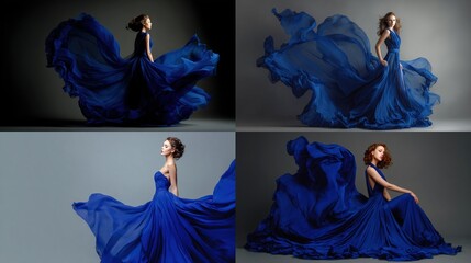 A collage of four images featuring women in elegant blue flowing gowns, in different poses
