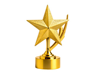 Gleaming golden star trophy on a base, with stylized arcs behind