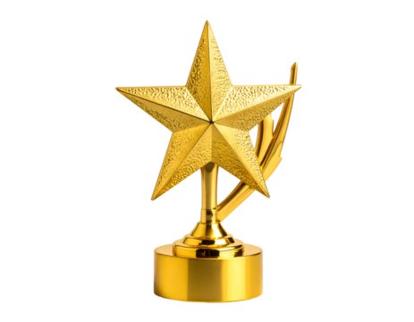 Gleaming golden star trophy on a base, with stylized arcs behind