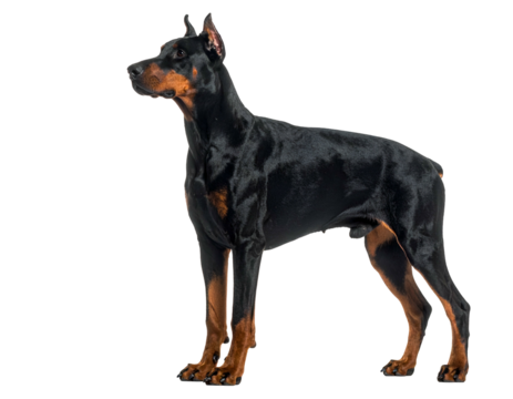 Sleek, muscular canine of dark fur, tan markings, erect ears, poised in profile