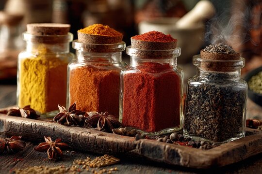 Assorted exotic spices in small glass jars on a wooden surface