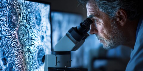 High-resolution scientific research laboratory scene featuring a scientist using a microscope for detailed analysis and discovery in a modern, well-equipped lab environment