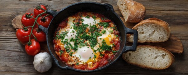 Shakshuka in Cast Iron Skillet with Crusty Bread eggs
