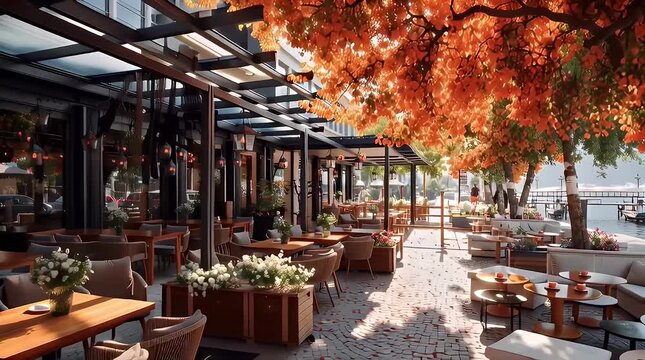 Cozy Outdoor Cafe in Autumn with Vibrant Foliage and Scenic View with ai generated