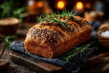Close up image of freshly baked whole wheat bread with rosemary