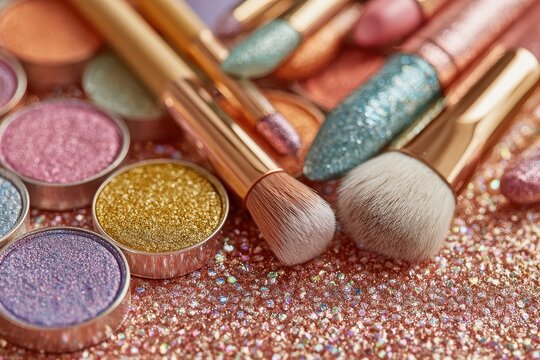 Close up image showing colorful makeup products and brushes