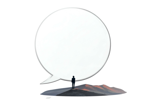 A figure stands before a vast speech bubble, poised on an indistinct landscape