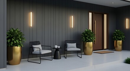 Fototapeta premium Stylish modern entryway with comfortable seating, decorative plants, and elegant lighting