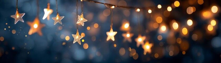 A string of star shaped christmas lights hanging against a dark blue background