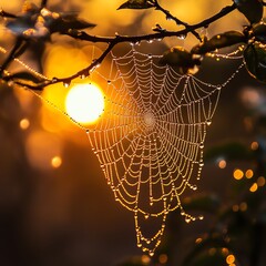 Golden Sunrise Dew Drops on Spiderweb  high resolution   for isolate image