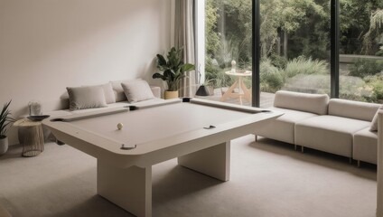 Fototapeta premium Bright Living Room with Modern Pool Table and Natural Light.