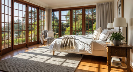 Sunlit bedroom with large windows offers a cozy and inviting space for relaxation and restful sleep in a home