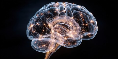 Futuristic digital visualization of the human brain highlighting neural network connections, cognitive processes, and innovative neuroscience concepts