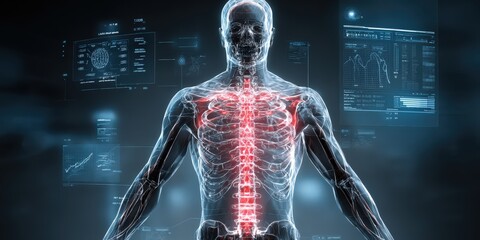Futuristic digital visualization of human anatomy highlighting skeleton structure, medical research, healthcare technology, science illustration, and educational research tools