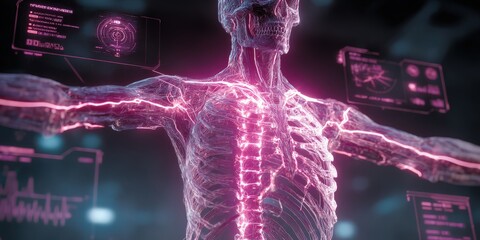Futuristic digital human skeleton anatomy model visualization showcasing innovative healthcare technology and science education with advanced 3D holographic design