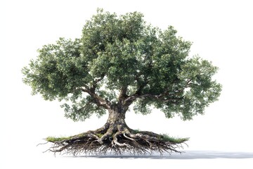 3D realistic render of a tree with detailed roots, isolated on white background for botanical or educational use.