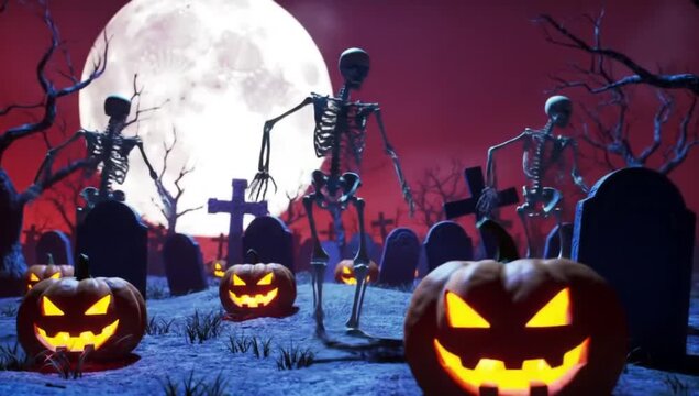 Spine-tingling Halloween scene with glowing jack-o'-lanterns and skeletons in a spooky graveyard under a full moon.