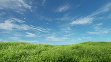 Undulating green grass field under a bright blue sky with scattered white clouds