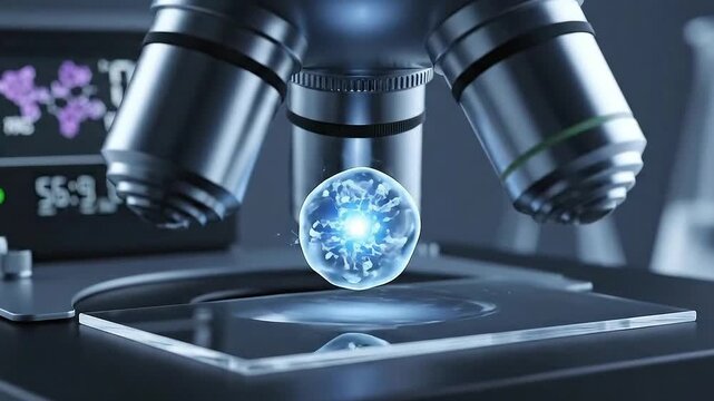 Microscopic View of Single Blue Illuminated Cell Under Microscope in a Laboratory with Background Medical Display and Table
