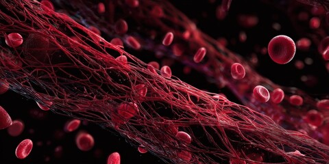 Microscopic view of vibrant red blood cells in circulatory system, highlighting blood flow, health, and cellular structure for medical research and scientific analysis