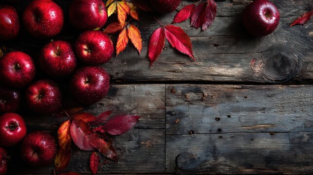 Vibrant red plums and fallen autumn leaves artfully arranged on a rustic weathered wooden surface for a seasonal harvest concept