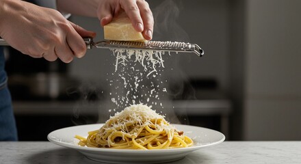 Close-up of hands grating a block of cheese over a steaming plate of pasta (spaghetti) for seasoning. Home cooking scene.