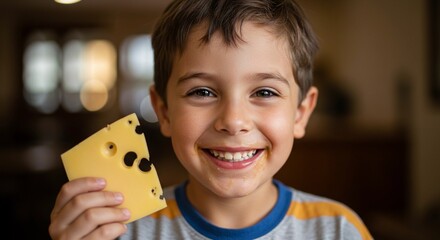 Close-up of a happy, smiling young boy with a messy face holding a slice of Swiss cheese with holes, looking directly at the camera.