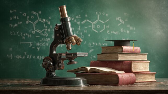 Vintage Microscope and Stack of Books with Graduation Cap on Chalkboard