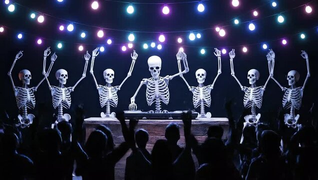 A group of dancing skeletons on a stage with a DJ, performing at a Halloween party with a lively and spooky atmosphere.