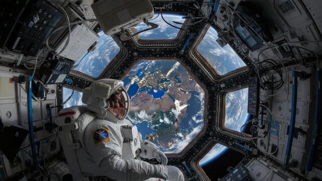 Inside space module an astronaut in white suit gazes out hexagonal windows at Earth The planet displays continents by day and glittering city lights by night an awe-inspiring vista