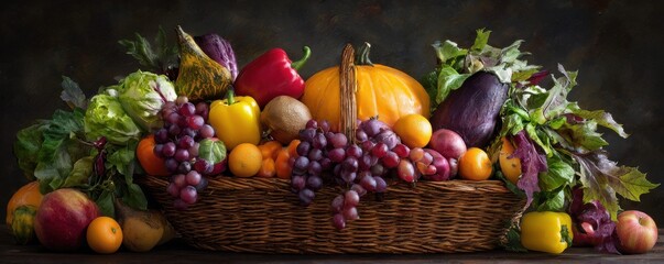 Abundant Autumn Harvest Basket Overflowing with Fresh Produce