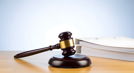Legal Gavel on Desk with Documents in Background Symbolizing Justice and Decisions