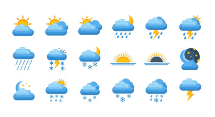 Collection of weather forecast icons depicting sunny, cloudy, rainy, snowy, and nighttime conditions with sun, moon, stars, and lightning.
