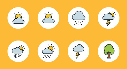 Fototapeta premium A collection of colorful weather icons depicting various atmospheric conditions, presented in circular designs.