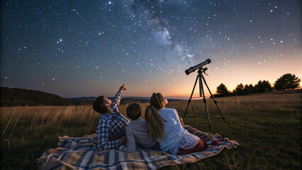 Family stargazing with a telescope on a blanket in a dark sky preserve. Educational travel, family bonding, astronomy tourism, and magical night experience concept.