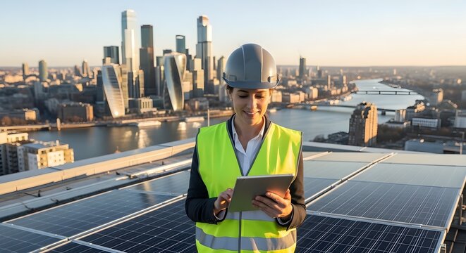 Female Engineer Inspecting Solar Panels in a Cityscape, Optimizing Green Energy