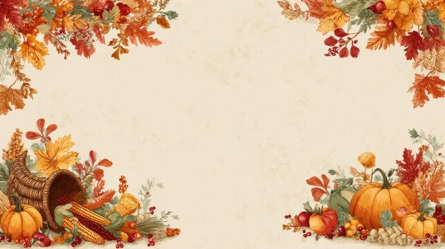 Autumnal harvest border with pumpkins cornucopia and fall foliage on a textured cream background