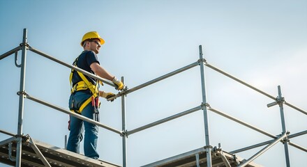 Construction Worker on Scaffolding Safety at Height with Harness and Hard Hat