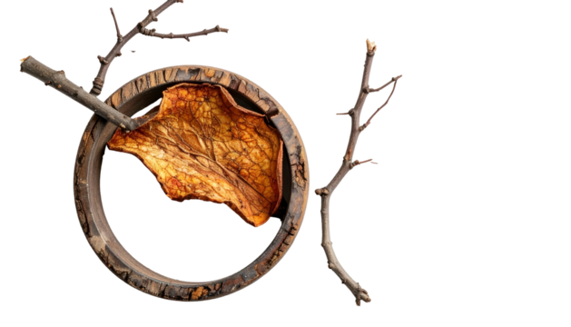 Dried leaf in wooden circle with twig frame, on black background