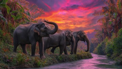 Three elephants walk alongside a river within a lush tropical rainforest, against sunset