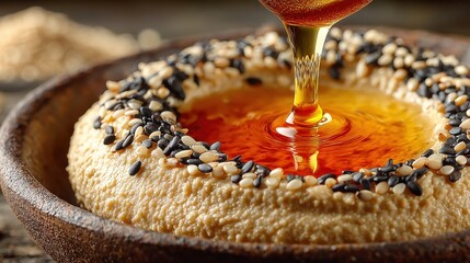 Close up of hummus with sesame seeds and pouring sauce