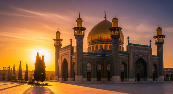 A stunning view of the imam hussein shrine at sunset, showcasing its golden dome and intricate islamic architecture