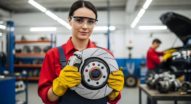Confident Female Mechanic Holding Car Brake Disc in Auto Repair Shop for Vehicle Maintenance