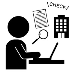パソコンでジョブサーチをする人物と履歴書を表すピクトグラム