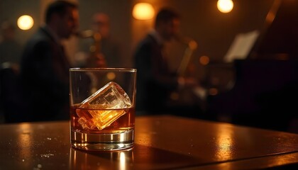 Close-up of a whiskey glass on a table, with a saxophone player performing in a lively jazz club atmosphere