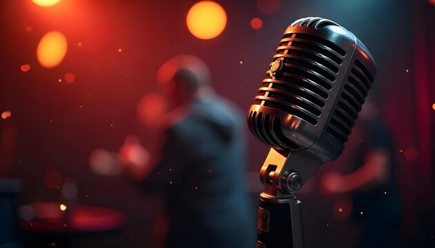 Close-up of a microphone on stage, with a lively crowd in the background, celebrating International Jazz Day with music
