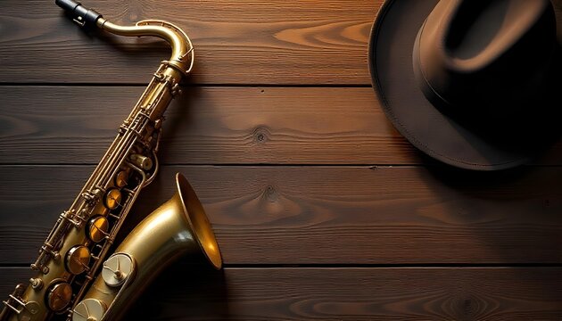 A saxophone and a hat rest on a wooden table, evoking the vibrant spirit of Jazz Day celebrations and live music events - Powered by Adobe