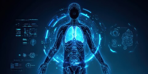 Futuristic digital human anatomy visualization highlighting body parts, medical science, healthcare innovation, medical illustration, digital health, and advanced medical technology